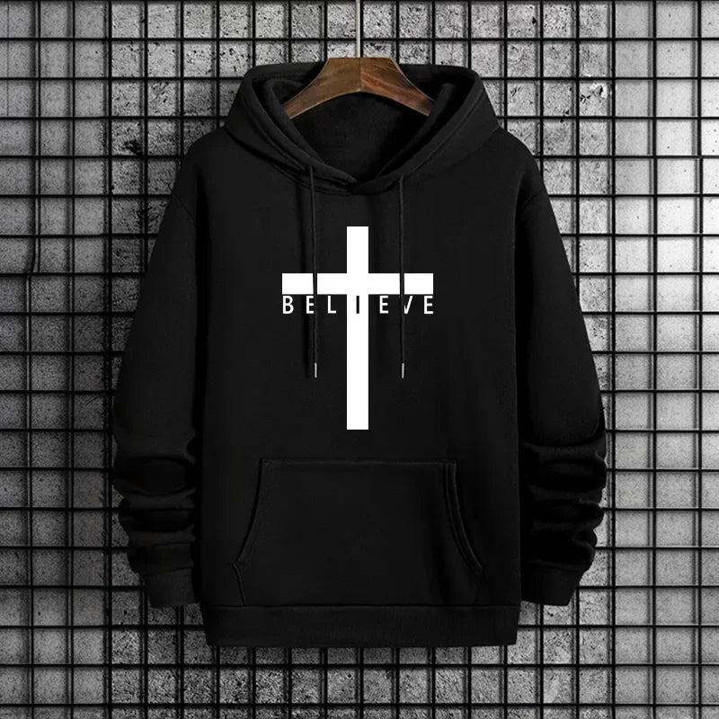 Jesus Cross Printed Men Hoodies Urban Casual Streetwear Fashion Hooded Sweatshirt Male Trendy 2025 Autumn Winter Hoody Outerwear