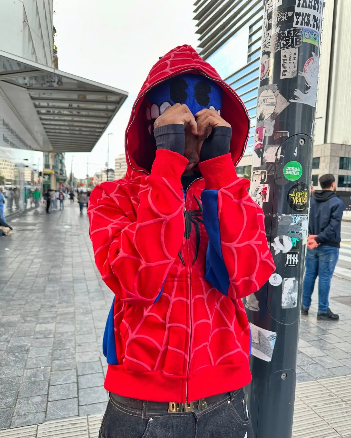 Grey Black Gothic Big Spider Pattern Patchwork Hooded Pullover Y2k Retro Loose Men Women Hip Hop Hoodie Jacket Street Sweatshirt