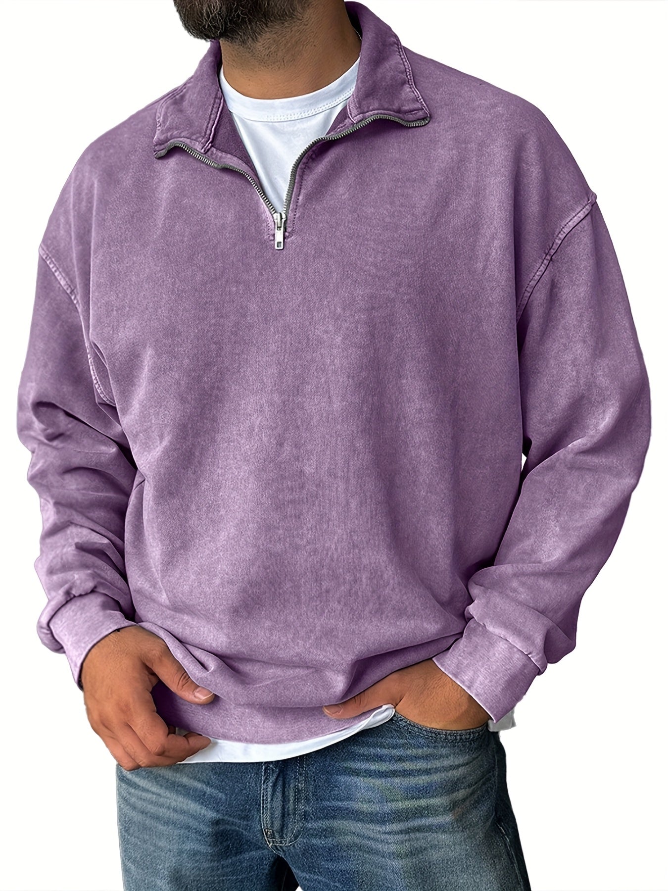 Men's Oversized Lapel Zipper  Sweatshirt - Solid Color Loose Fit Drop Shoulder Hoodie, Long Sleeve Casual Winter Sweater, Machine Washable Layering Piece for Cold Weather (Available in Multiple Colors)