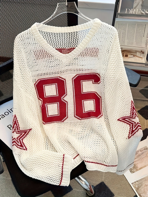 2025 New American Retro Style Solid Color V-neck Sweater | Star Print, Loose-Fit, Sun-Protective Pullover
