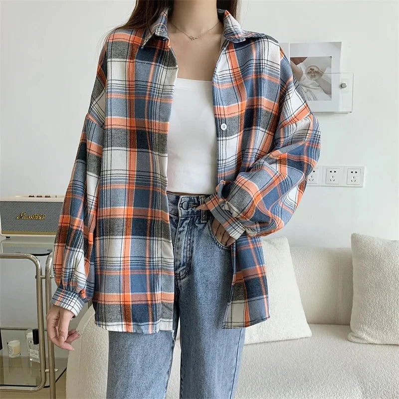 Plaid Shirt Women Fashion Autumn Long Sleeve Top Female Vintage Single Breasted Blouse Ladies Preppy Style Loose Check Shirts