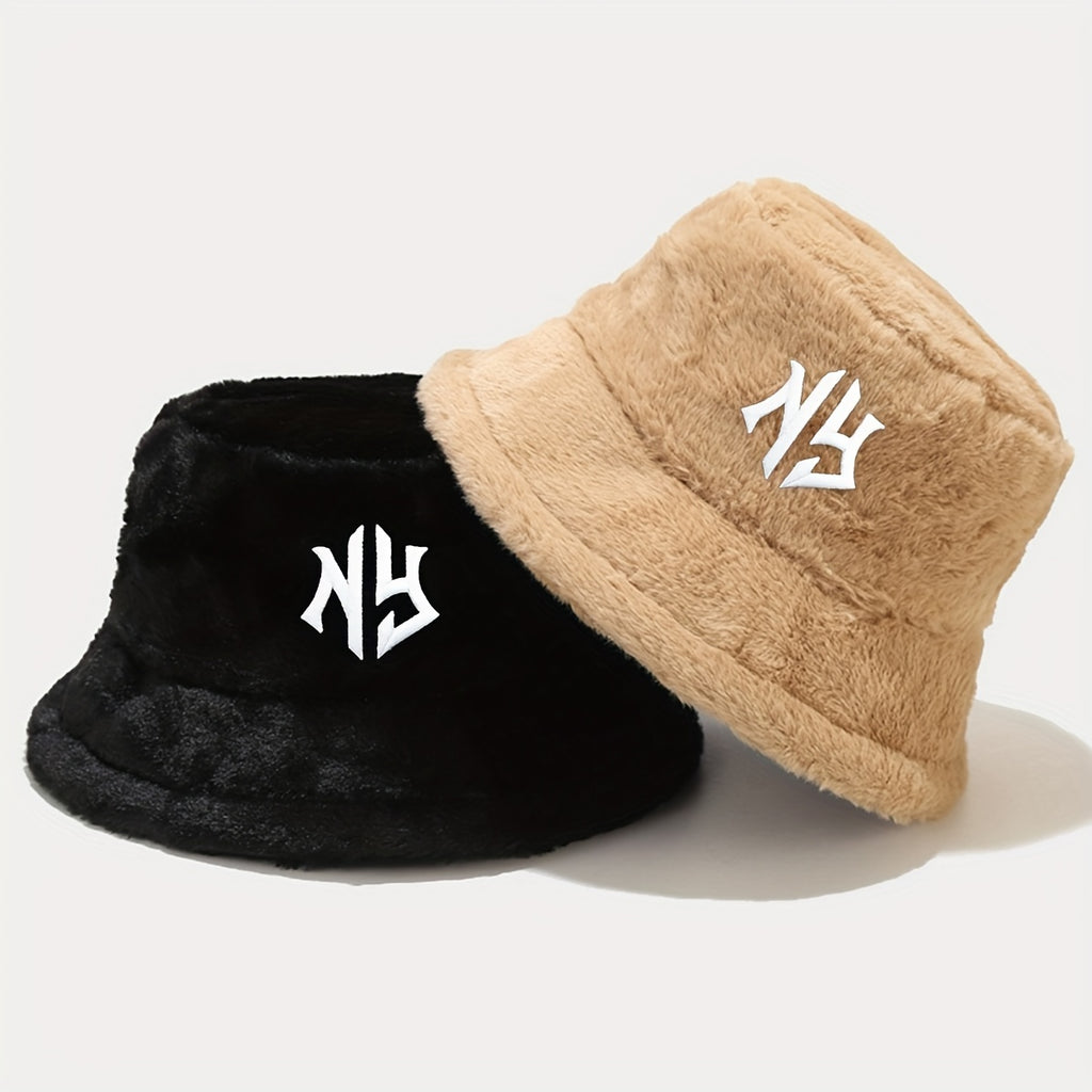 1pc Women's Embroidered Bucket Hat Unisex Warm Plush Sun Hat Men's Outdoor Fashion Trends Vacation Travel Foldable Fisherman Cap for Autumn Winter