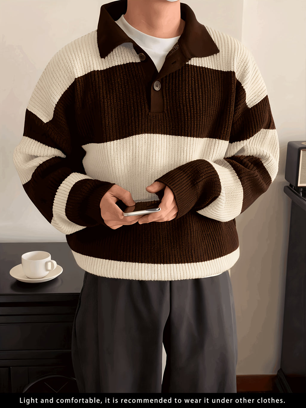 Men's American Street Korean Business Commuter Trendy Casual Versatile Striped Collar Pullover Knit Sweater