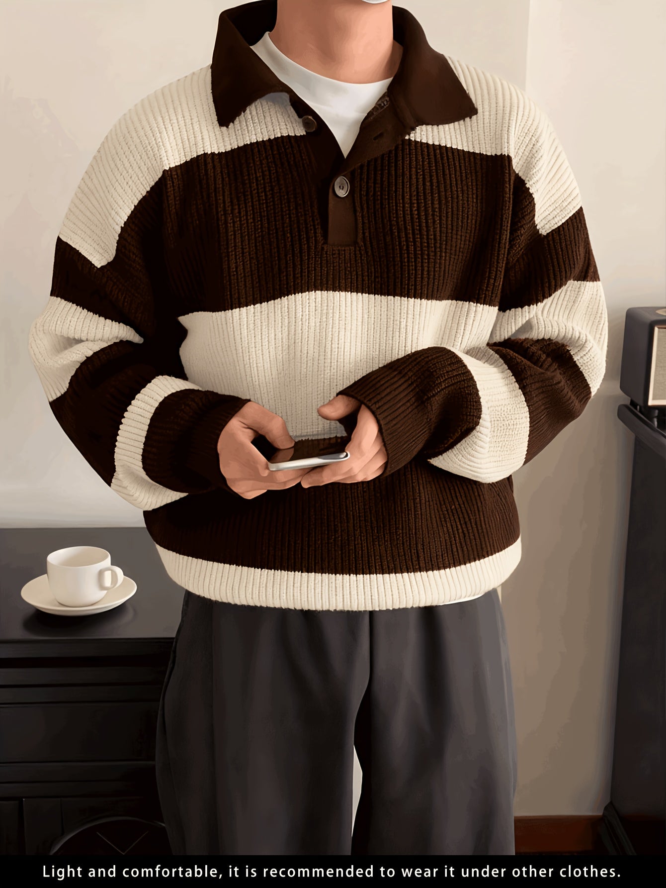 Men's American Street Korean Business Commuter Trendy Casual Versatile Striped Collar Pullover Knit Sweater