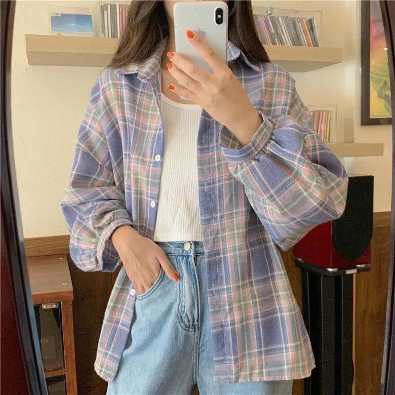 Plaid Shirt Women Fashion Autumn Long Sleeve Top Female Vintage Single Breasted Blouse Ladies Preppy Style Loose Check Shirts