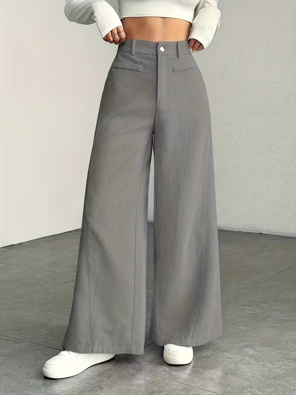 Women's High-Waisted Wide-Leg Pants - Corduroy Texture Casual Long Pants, All-Season Comfort, Machine Washable Beige Trousers