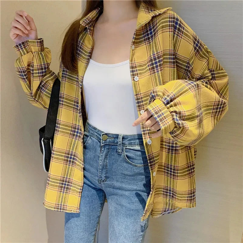 Plaid Shirt Women Fashion Autumn Long Sleeve Top Female Vintage Single Breasted Blouse Ladies Preppy Style Loose Check Shirts