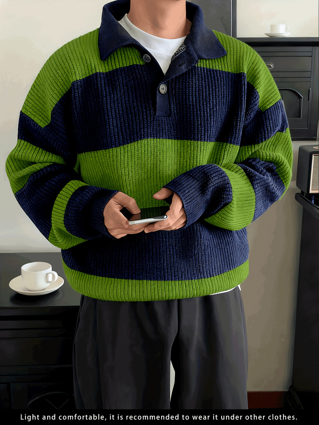 Men's American Street Korean Business Commuter Trendy Casual Versatile Striped Collar Pullover Knit Sweater