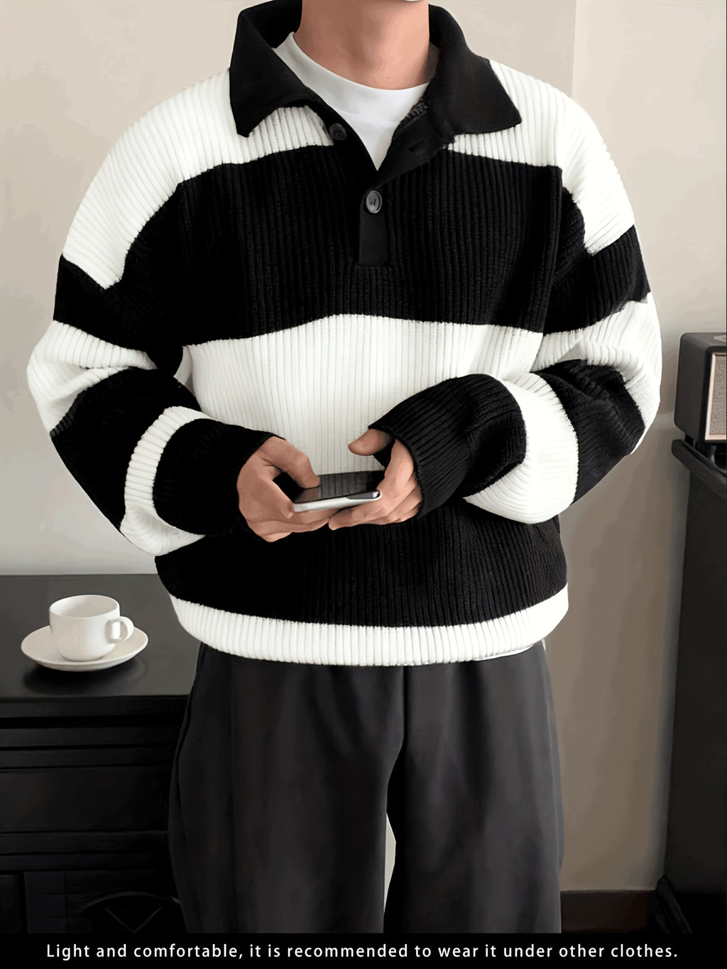 Men's American Street Korean Business Commuter Trendy Casual Versatile Striped Collar Pullover Knit Sweater