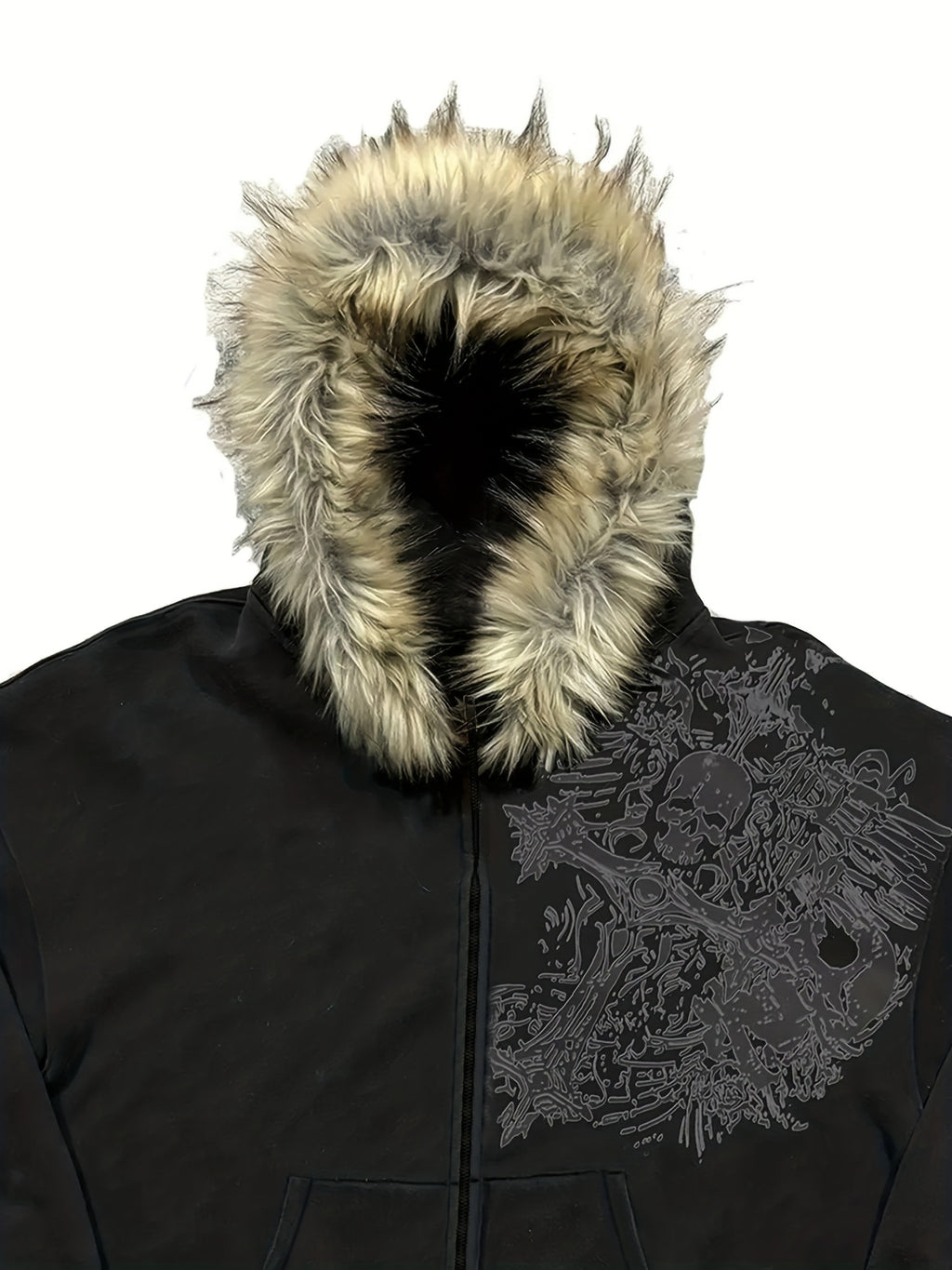 Y2K Streetwear Vintage Warm Cardigan Unisex Loose Hooded Sweatshirt Winter Fashion Furry Collar Hooded Sweatshirt Street Style Skull Print Zipper Hoodie Lucky Charm