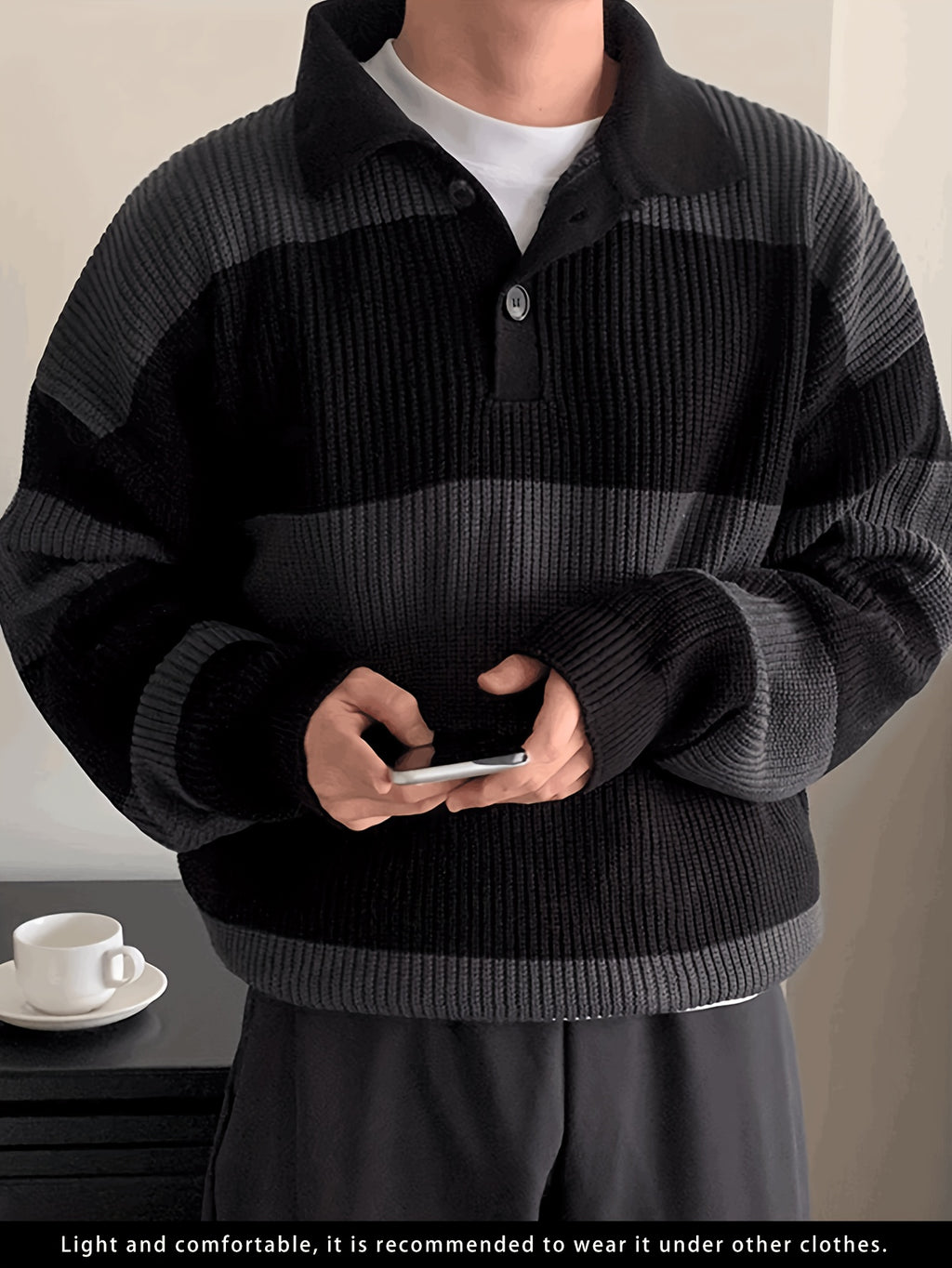 Men's American Street Korean Business Commuter Trendy Casual Versatile Striped Collar Pullover Knit Sweater