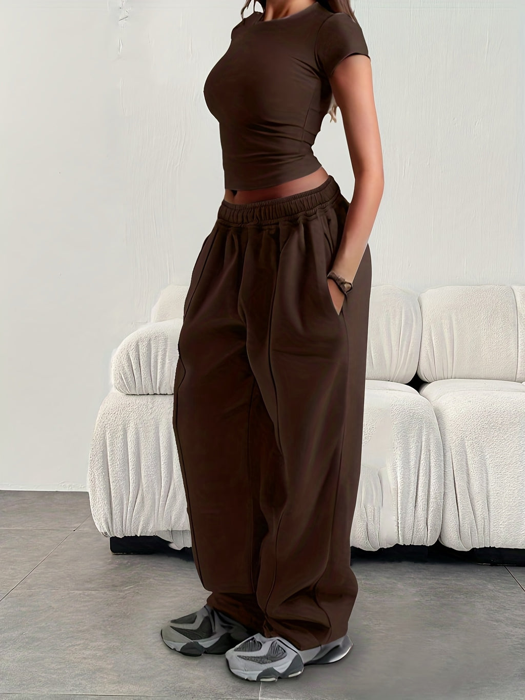 Women'S Casual Loose-Fitting Solid Color Elastic Waist Sports Pants