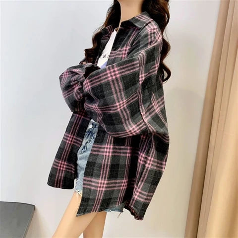 Plaid Shirt Women Fashion Autumn Long Sleeve Top Female Vintage Single Breasted Blouse Ladies Preppy Style Loose Check Shirts