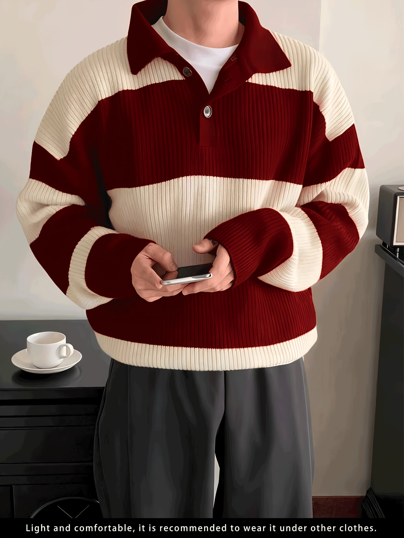 Men's American Street Korean Business Commuter Trendy Casual Versatile Striped Collar Pullover Knit Sweater