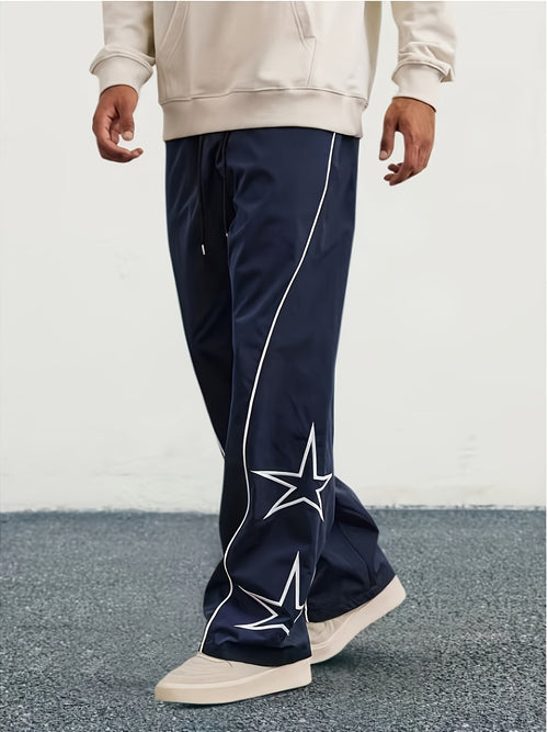 Autumn and Winter Men's Heavyweight Casual Pants with Loose Fit, Wide-Leg Drawstring Trousers Featuring Star Embroidery for Christmas Parties