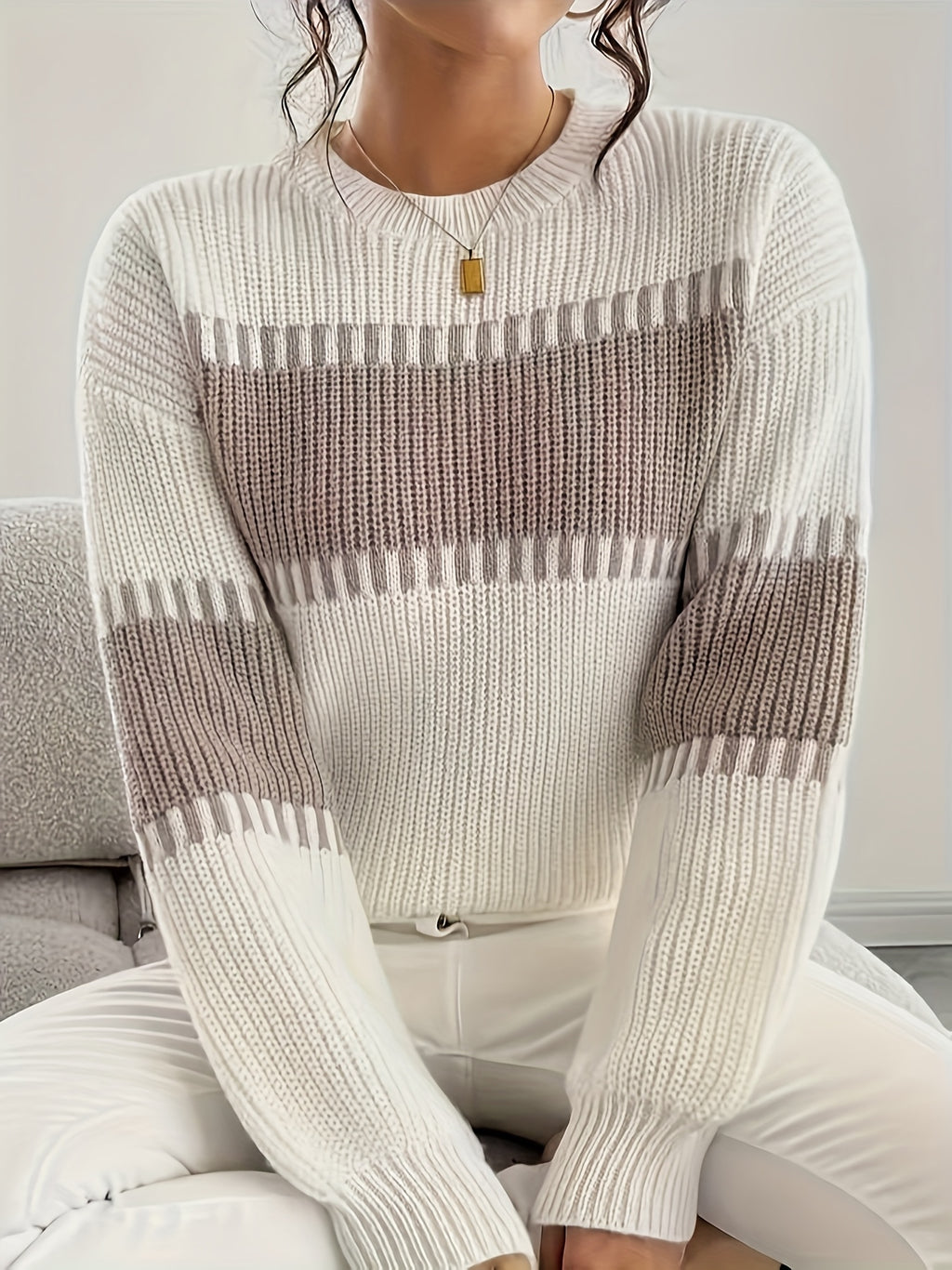 Women'S Sweater - Long Sleeve Round Neck Pullover Sweater with /Brown/ Horizontal Stripes, Drop Shoulder Design for Fall/Winter Layering