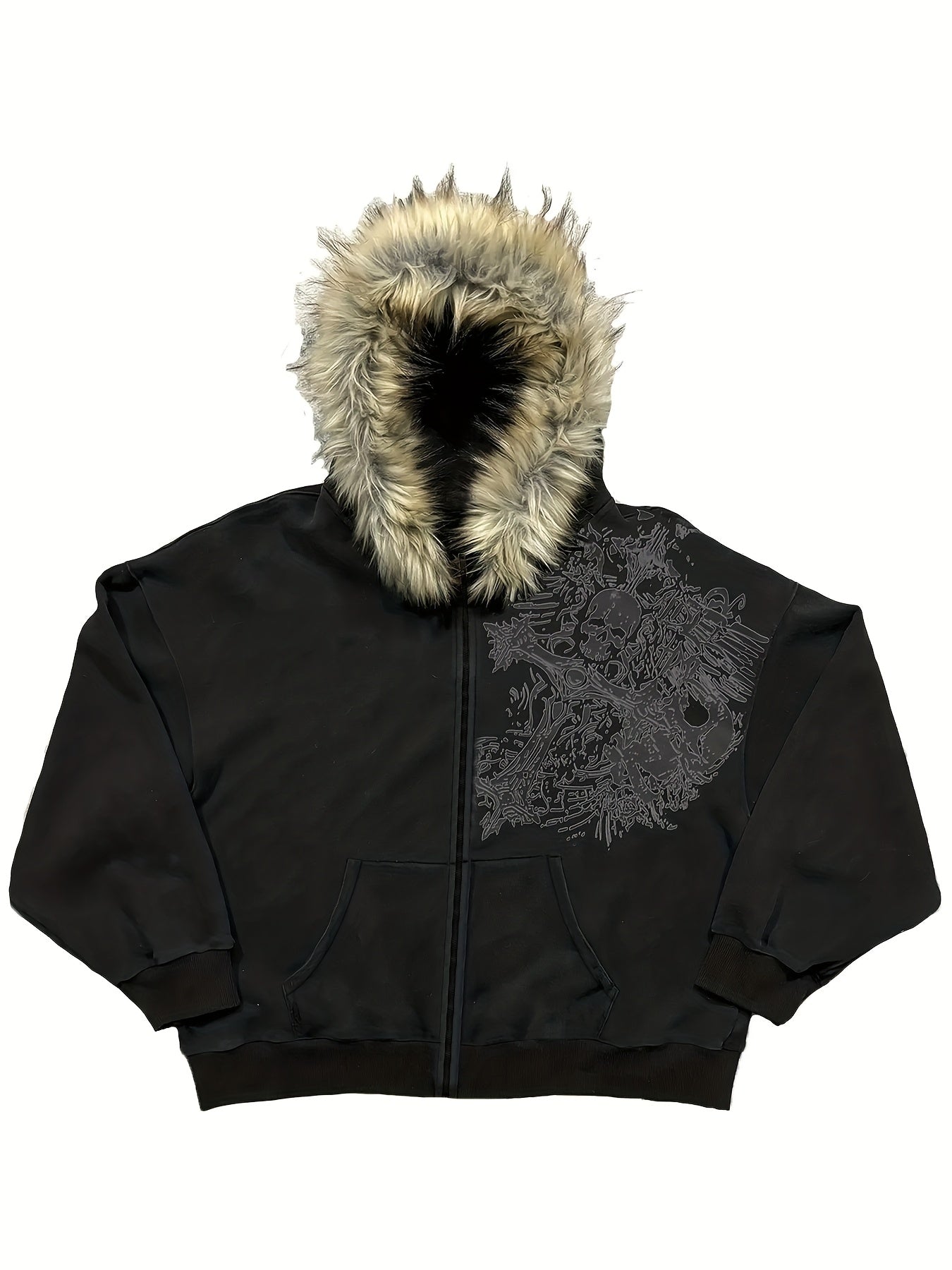 Y2K Streetwear Vintage Warm Cardigan Unisex Loose Hooded Sweatshirt Winter Fashion Furry Collar Hooded Sweatshirt Street Style Skull Print Zipper Hoodie Lucky Charm