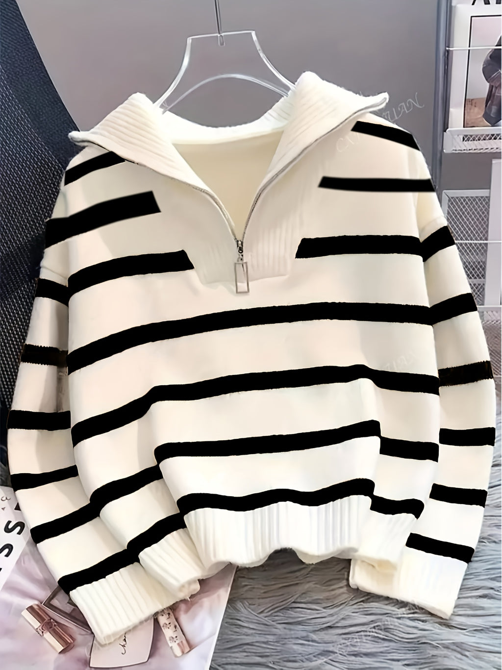 Women's Elegant Striped Sweater - Loose Fit Zippered Front High Neck Pullover, Medium Stretch Opaque Fall Winter Sweating-Looking Suitable for Daily or Formal Wear