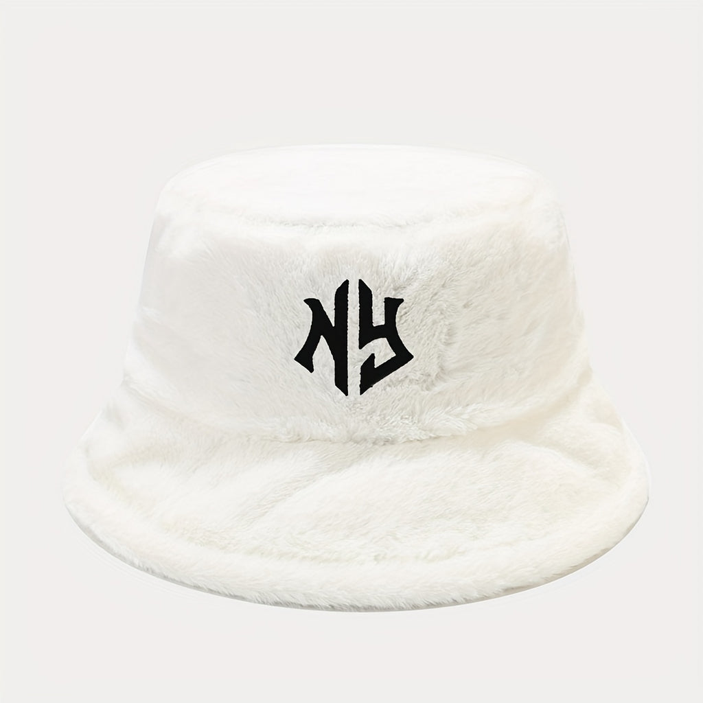1pc Women's Embroidered Bucket Hat Unisex Warm Plush Sun Hat Men's Outdoor Fashion Trends Vacation Travel Foldable Fisherman Cap for Autumn Winter