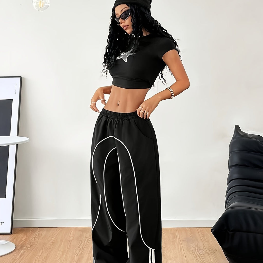 2025 New Fashion for : Back to Braided Belt, Black Wide-Leg Jogging Pants, Celebrity Style Hot Item