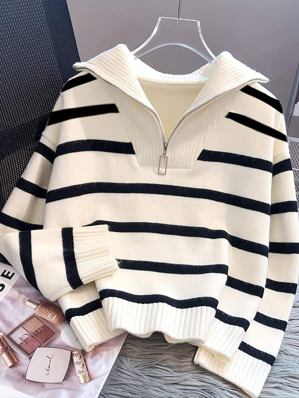 Women's Elegant Striped Sweater - Loose Fit Zippered Front High Neck Pullover, Medium Stretch Opaque Fall Winter Sweating-Looking Suitable for Daily or Formal Wear