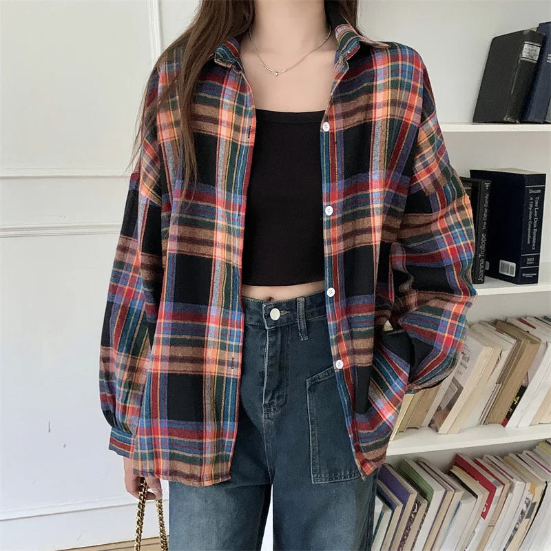 Plaid Shirt Women Fashion Autumn Long Sleeve Top Female Vintage Single Breasted Blouse Ladies Preppy Style Loose Check Shirts