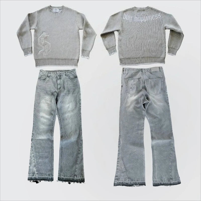 2 pcs Set Y2K Autumn Winter Retro Knitted Sweater Jeans Suit Trendy Hip Hop Dollar Logo Embroidery Streetwear Unisex Baggy Set