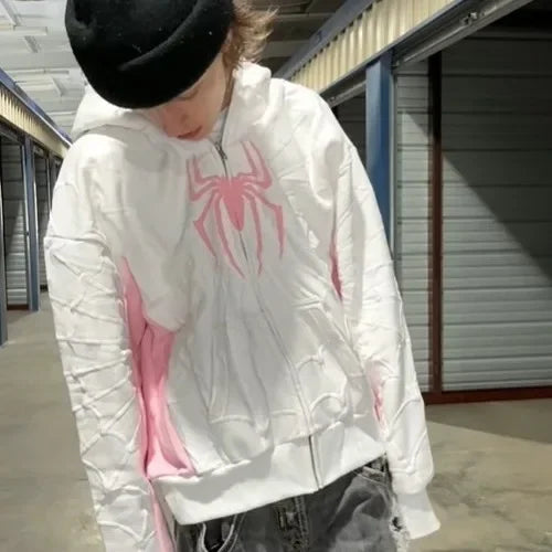 Grey Black Gothic Big Spider Pattern Patchwork Hooded Pullover Y2k Retro Loose Men Women Hip Hop Hoodie Jacket Street Sweatshirt