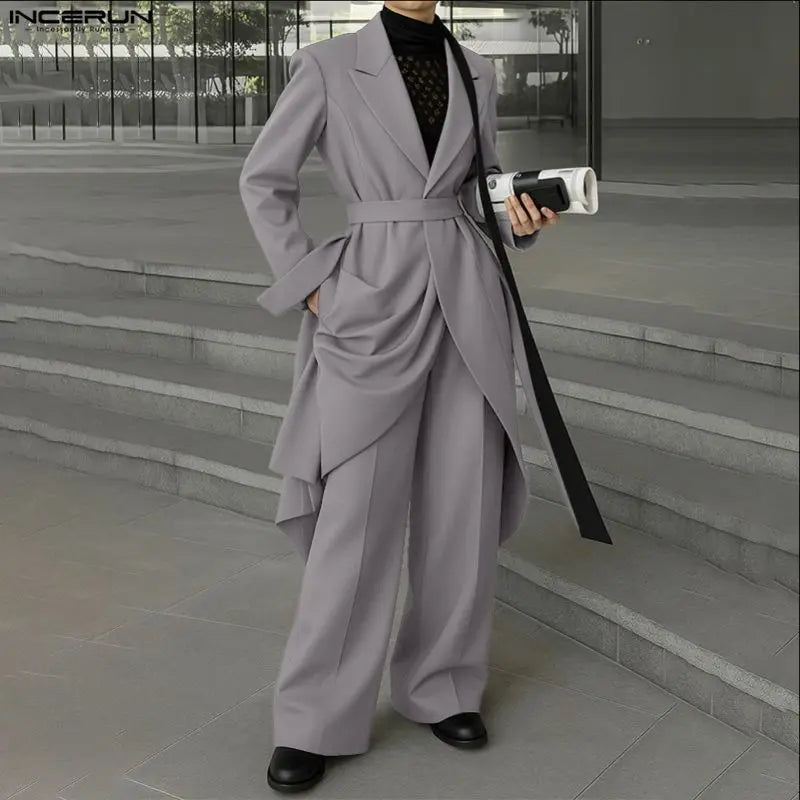 INCERUN Men Sets Solid Color Lace Up Long Sleeve Long Style Blazer & Pants Two Pieces Sets Streetwear Loose Casual Men's Suits