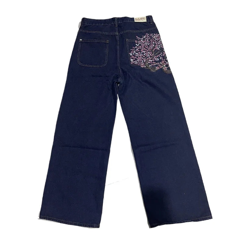 Y2K Goth vintage jeans plum blossom embroidery Harajuku pattern denim fabric wide leg pants American style men women street wear