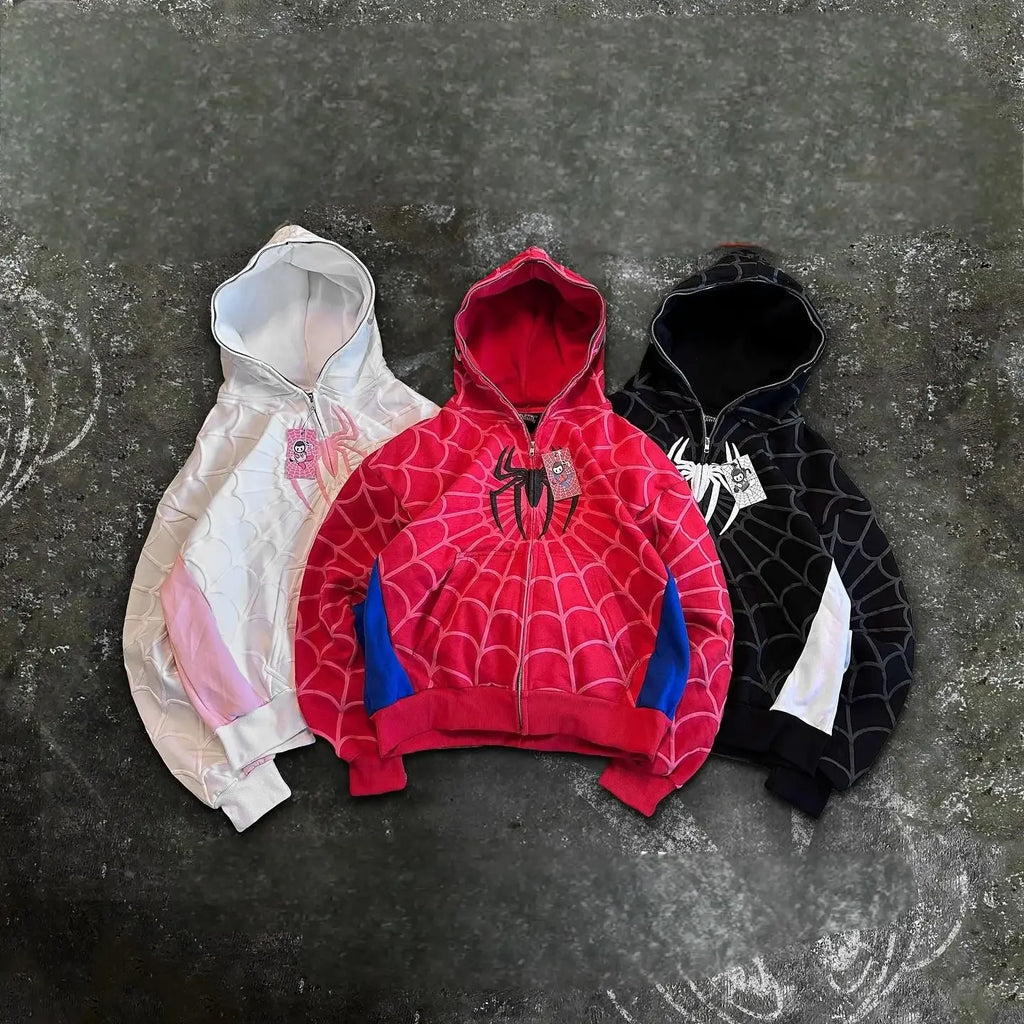 Grey Black Gothic Big Spider Pattern Patchwork Hooded Pullover Y2k Retro Loose Men Women Hip Hop Hoodie Jacket Street Sweatshirt