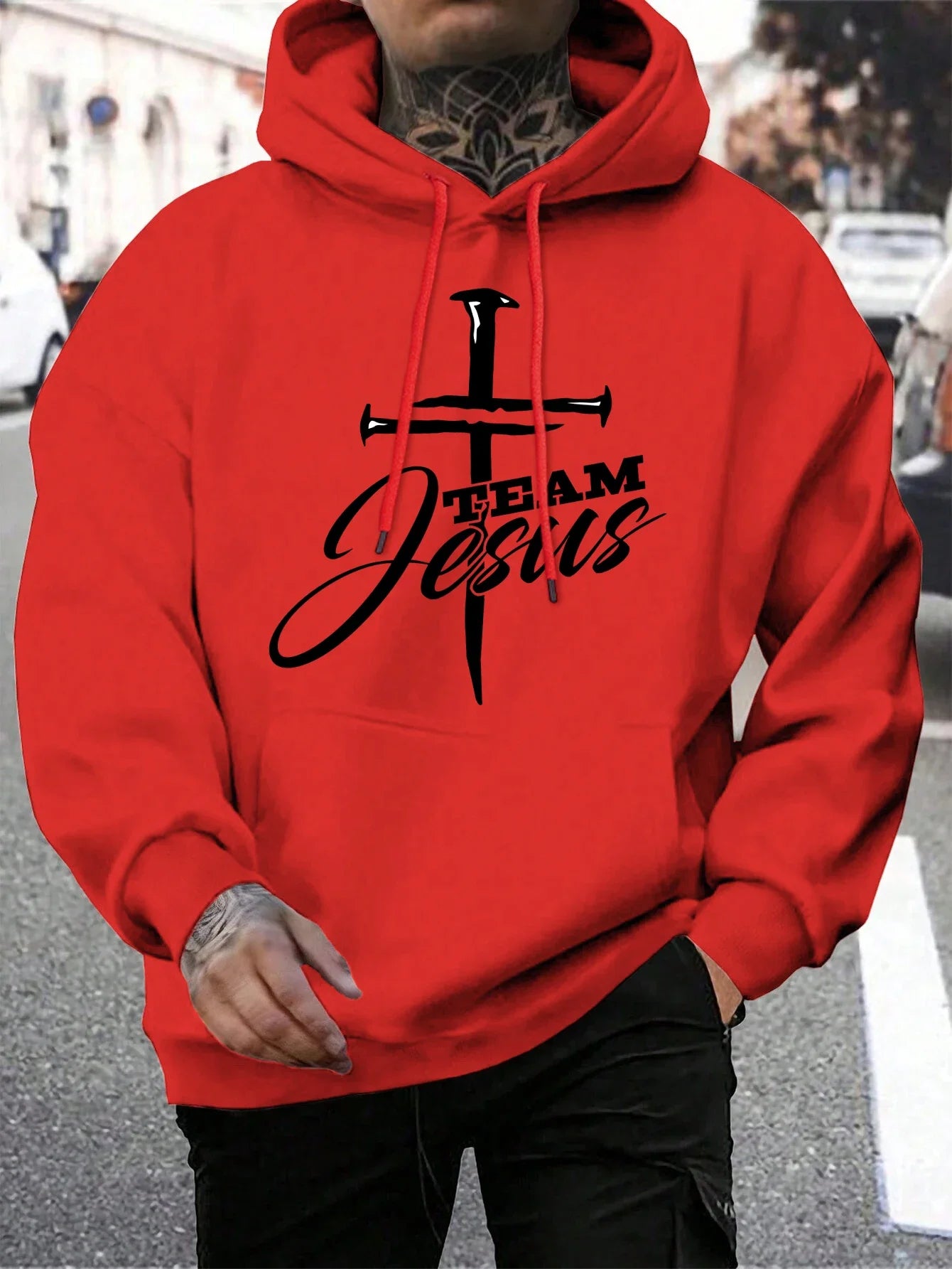 Team Jesus Letter Design Printing Men's Sweatshirt Fashion Warm Hooded Casual Pocket Hoodies Autumn Loose Streetwear