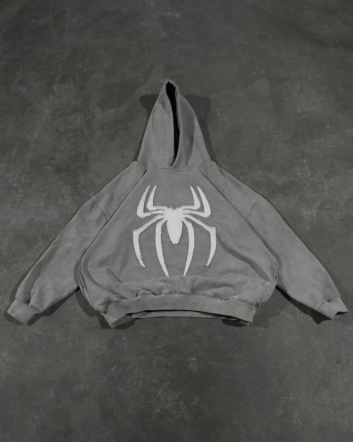 Grey Black Gothic Big Spider Pattern Patchwork Hooded Pullover Y2k Retro Loose Men Women Hip Hop Hoodie Jacket Street Sweatshirt