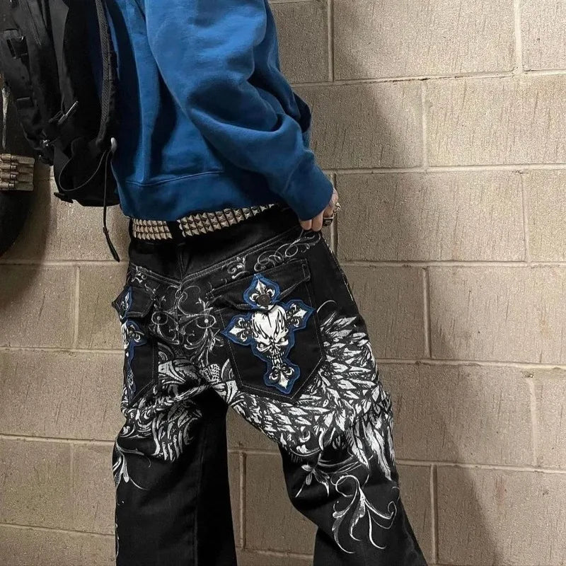 Harajuku Y2K crown graphic pocket embroidery high quality oversized jeans for women high street slim sexy casual straight pants