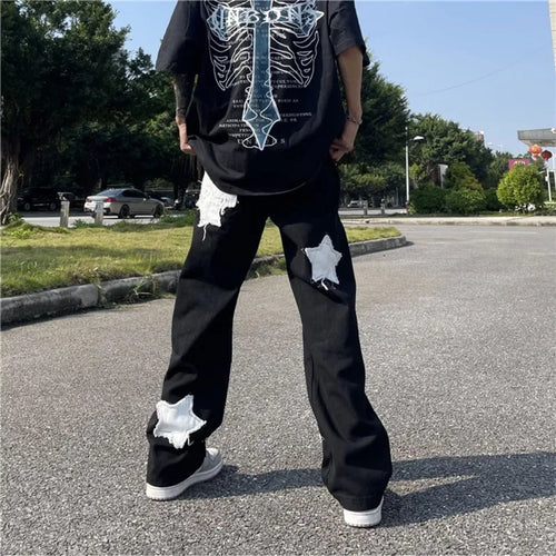 2023 Star Letter Embroidery Black Hip Hop Men Jeans Pants New Fashion Straight Streetwear Baggy Long Trousers Ropa Y2K Hombre