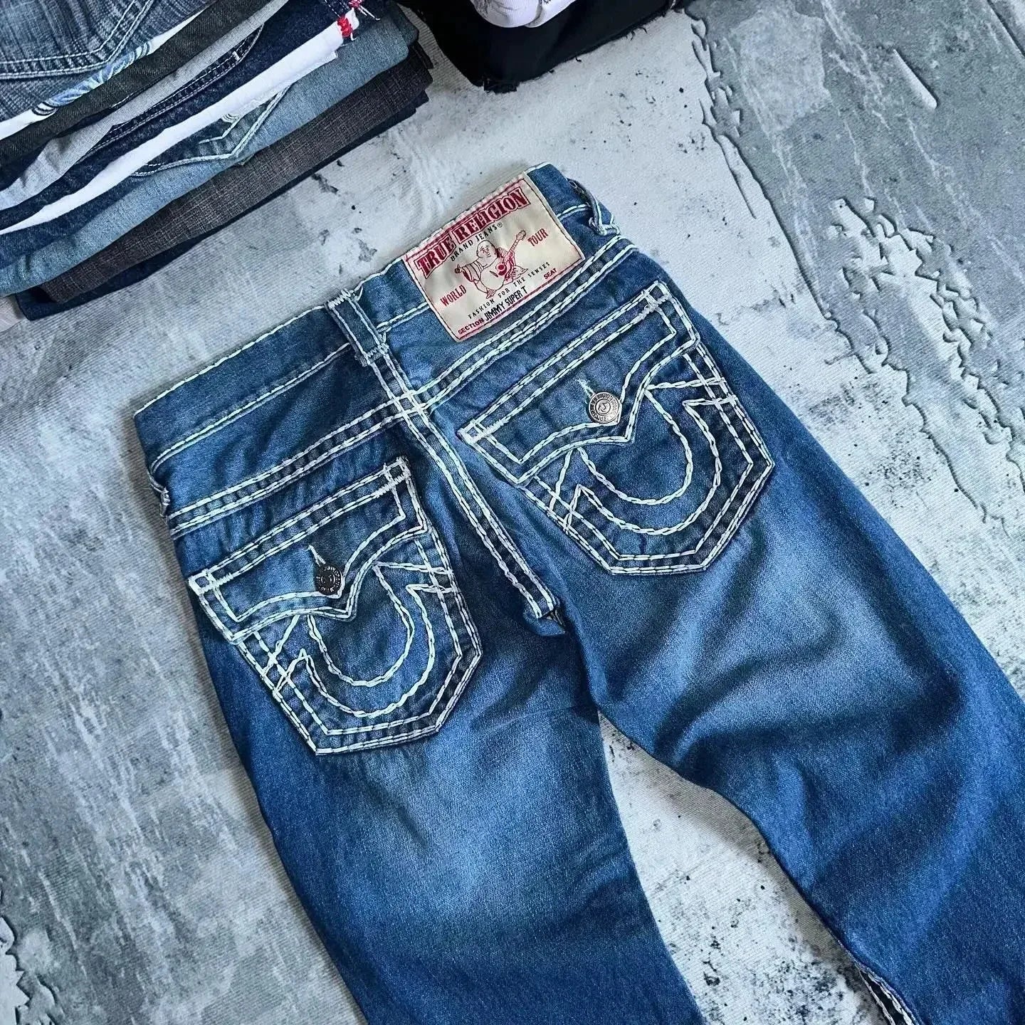 2000s Gothic Vintage Buddha Embroidery Jeans Mens Womens Y2k Streetwear Hip Hop Pocket Baggy Jeans Low Waist Wide Leg Trousers