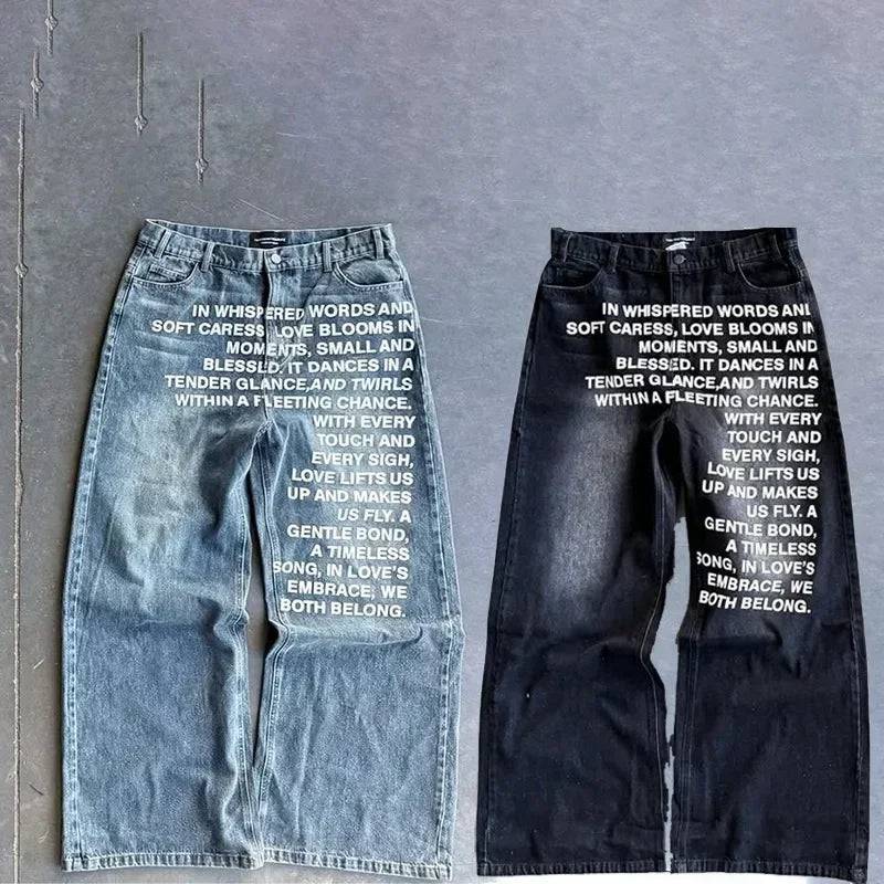 blue jeans vintage Fashion Y2K Wideleg pants Harajuku Hip Hop Streetwear Letter Printing Jeans Gothic black baggy casual pants