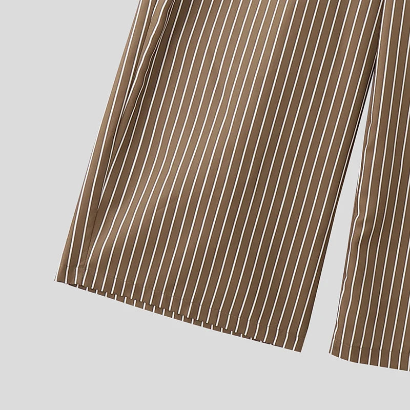 INCERUN Men Striped Pants Button Joggers Loose Casual Wide Leg Trousers Men Streetwear 2025 Fashion Leisure Long Pants S-5XL
