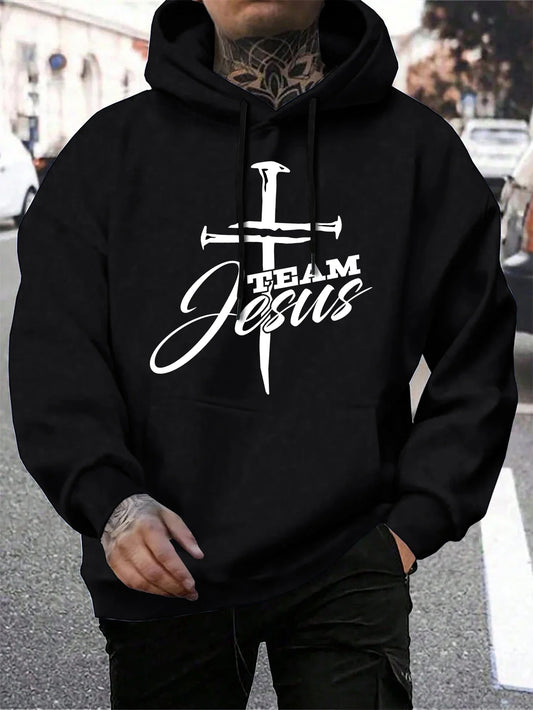 Team Jesus Letter Design Printing Men's Sweatshirt Fashion Warm Hooded Casual Pocket Hoodies Autumn Loose Streetwear