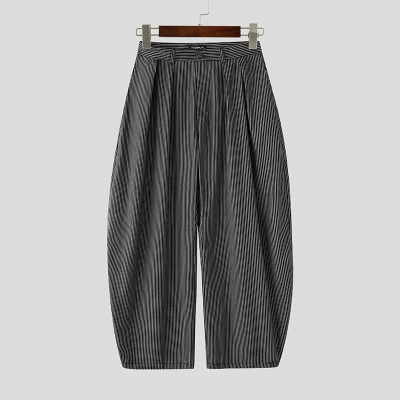 INCERUN Men Striped Pants Joggers Button Oversize Pleated Casual Wide Leg Trousers Men Streetwear Fashion Leisure Male Pants