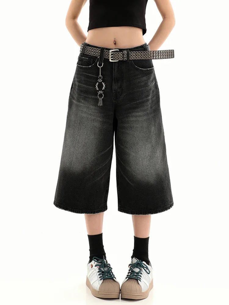 Retro Blue Knee Length Denim Shorts for Women Casual Bermuda Jeans Loose Wide Leg Pants Trendy Streetwear Summer Y2k 2025