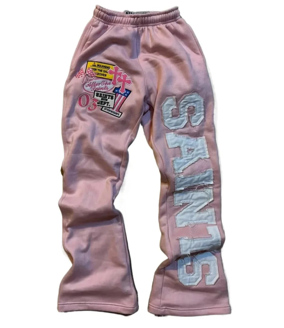 Summer Hot Distressed Vertical Letter Print Wide Leg Pants Unisex Thick Drawstring Y2K Vintage Hip Hop Streetwear Trousers
