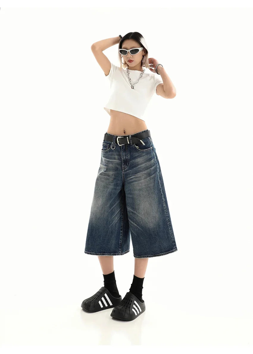 Retro Blue Knee Length Denim Shorts for Women Casual Bermuda Jeans Loose Wide Leg Pants Trendy Streetwear Summer Y2k 2025
