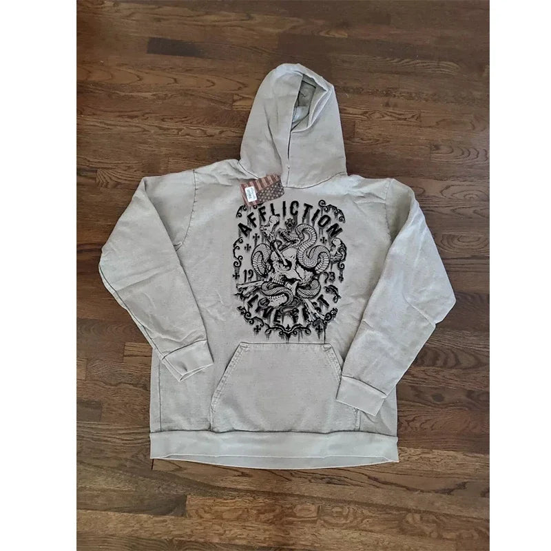 Pure Black Letter Print Hoodie Men Autumn and Winter Long-sleeved Harajuku Style Casual Hip-hop Element Hooded Sweatshirt