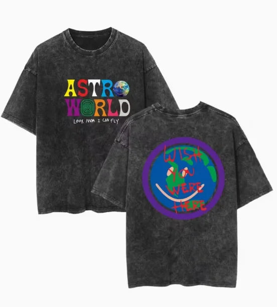 A Double-sided "NEVERMIND Lunar Phase Changes" Retro-style Printed Vintage Washed Distressed Crew Neck T-shirt