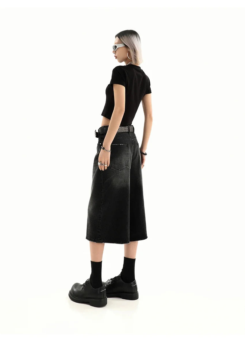 Retro Blue Knee Length Denim Shorts for Women Casual Bermuda Jeans Loose Wide Leg Pants Trendy Streetwear Summer Y2k 2025