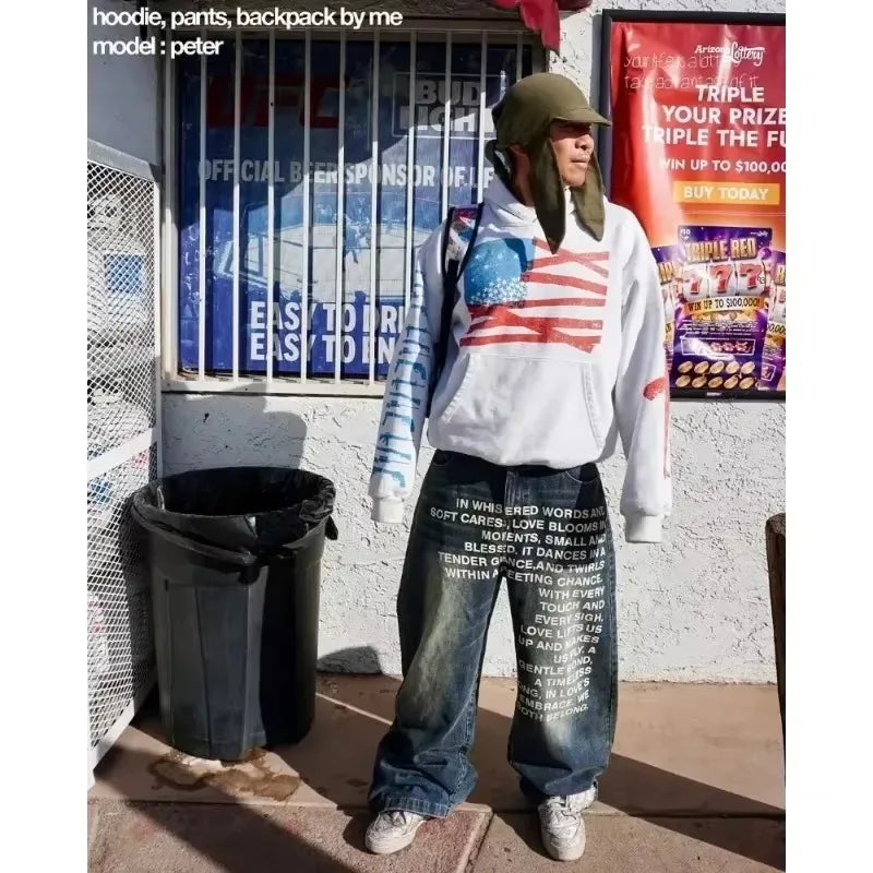 blue jeans vintage Fashion Y2K Wideleg pants Harajuku Hip Hop Streetwear Letter Printing Jeans Gothic black baggy casual pants