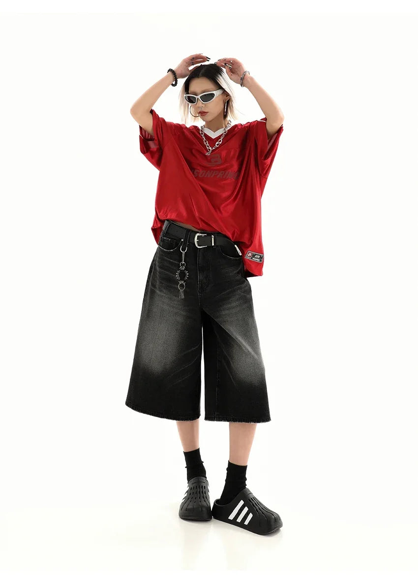 Retro Blue Knee Length Denim Shorts for Women Casual Bermuda Jeans Loose Wide Leg Pants Trendy Streetwear Summer Y2k 2025