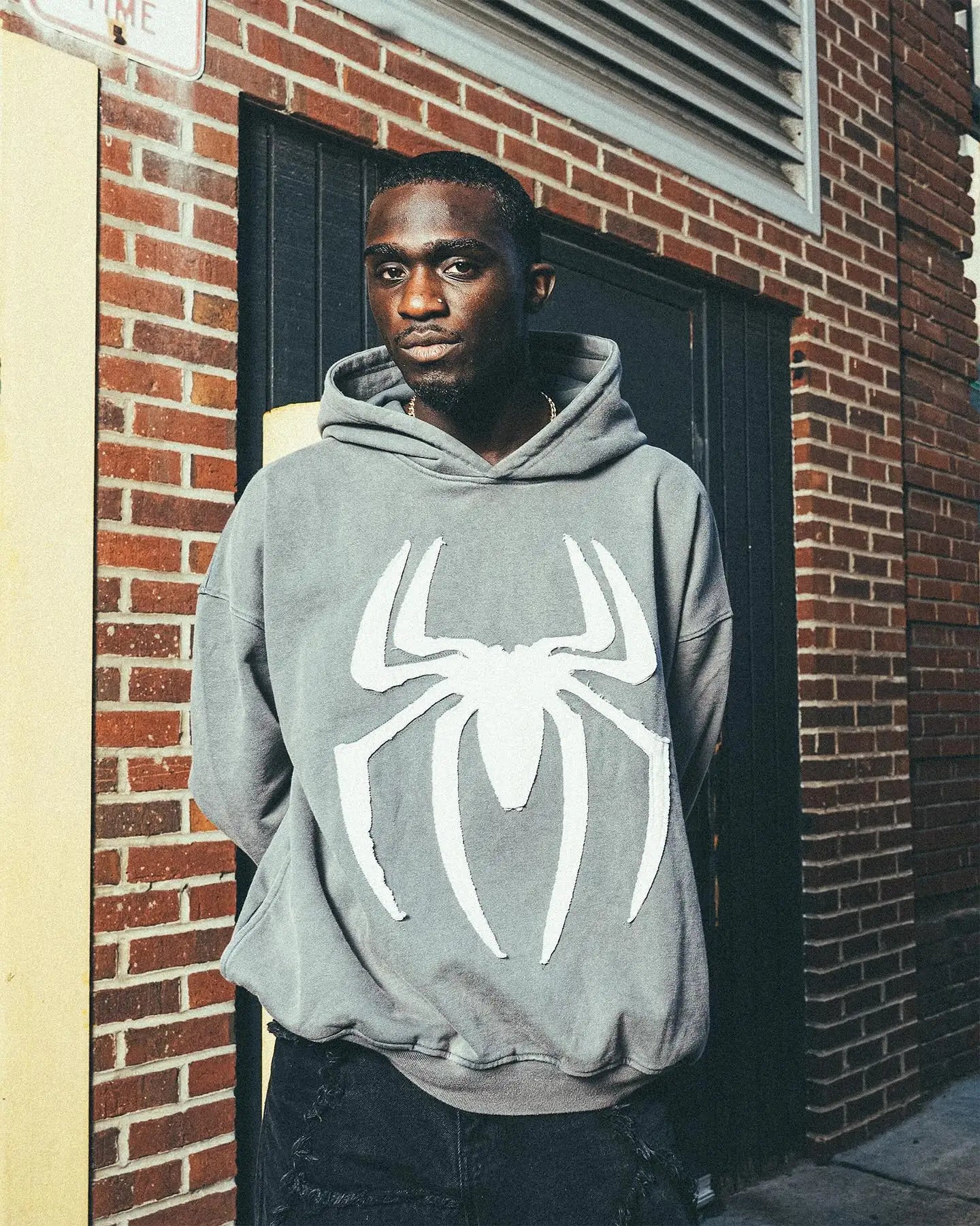 Grey Black Gothic Big Spider Pattern Patchwork Hooded Pullover Y2k Retro Loose Men Women Hip Hop Hoodie Jacket Street Sweatshirt