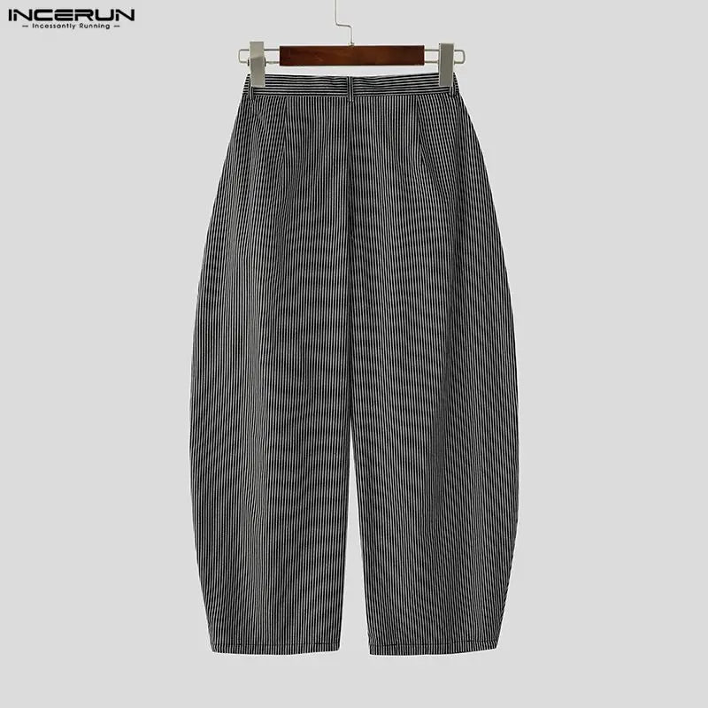 INCERUN Men Striped Pants Joggers Button Oversize Pleated Casual Wide Leg Trousers Men Streetwear Fashion Leisure Male Pants